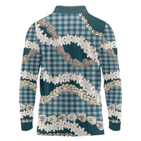 Dark Cyan Hawaii Tiare and Shell Lei Long Sleeve Polo Shirt Hawaiian Palaka Luxury Vibes LT14 - Polynesian Pride