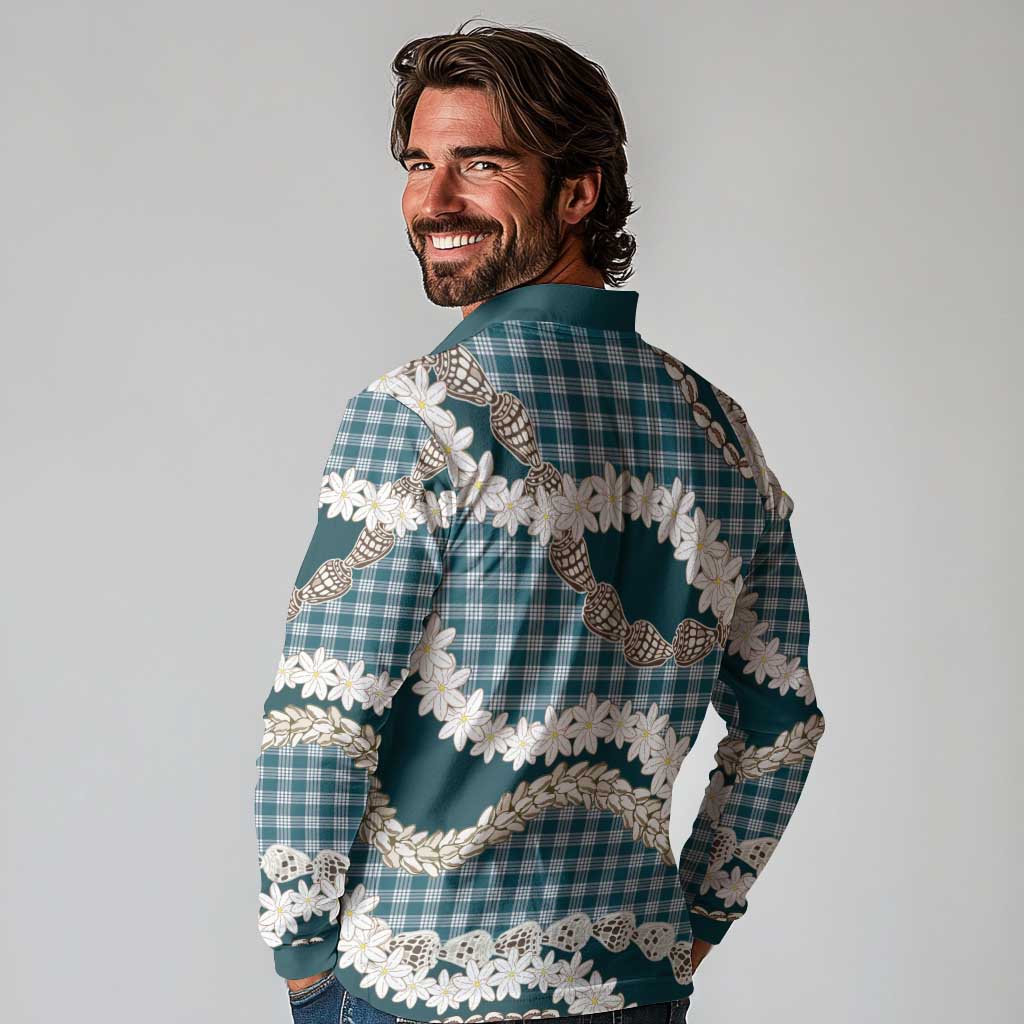 Dark Cyan Hawaii Tiare and Shell Lei Long Sleeve Polo Shirt Hawaiian Palaka Luxury Vibes LT14 - Polynesian Pride