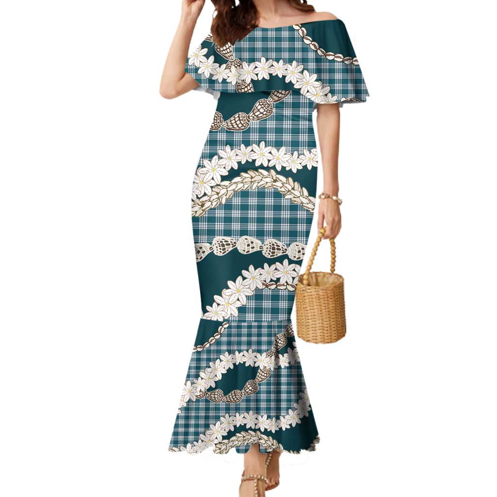 Dark Cyan Hawaii Tiare and Shell Lei Mermaid Dress Hawaiian Palaka Luxury Vibes - Polynesian Pride