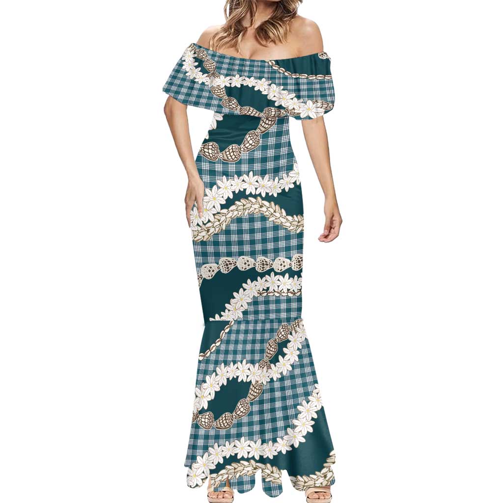 Dark Cyan Hawaii Tiare and Shell Lei Mermaid Dress Hawaiian Palaka Luxury Vibes - Polynesian Pride