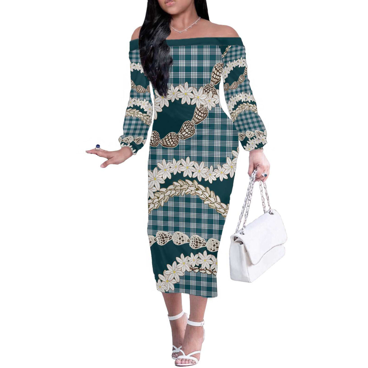 Dark Cyan Hawaii Tiare and Shell Lei Off The Shoulder Long Sleeve Dress Hawaiian Palaka Luxury Vibes LT14 Women Dark Cyan - Polynesian Pride