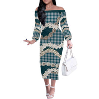 Dark Cyan Hawaii Tiare and Shell Lei Off The Shoulder Long Sleeve Dress Hawaiian Palaka Luxury Vibes LT14 Women Dark Cyan - Polynesian Pride