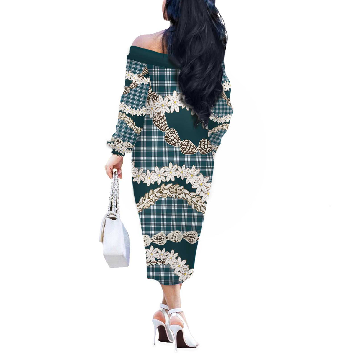 Dark Cyan Hawaii Tiare and Shell Lei Off The Shoulder Long Sleeve Dress Hawaiian Palaka Luxury Vibes LT14 - Polynesian Pride
