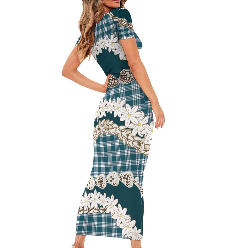 Dark Cyan Hawaii Tiare and Shell Lei Short Sleeve Bodycon Dress Hawaiian Palaka Luxury Vibes LT14 - Polynesian Pride