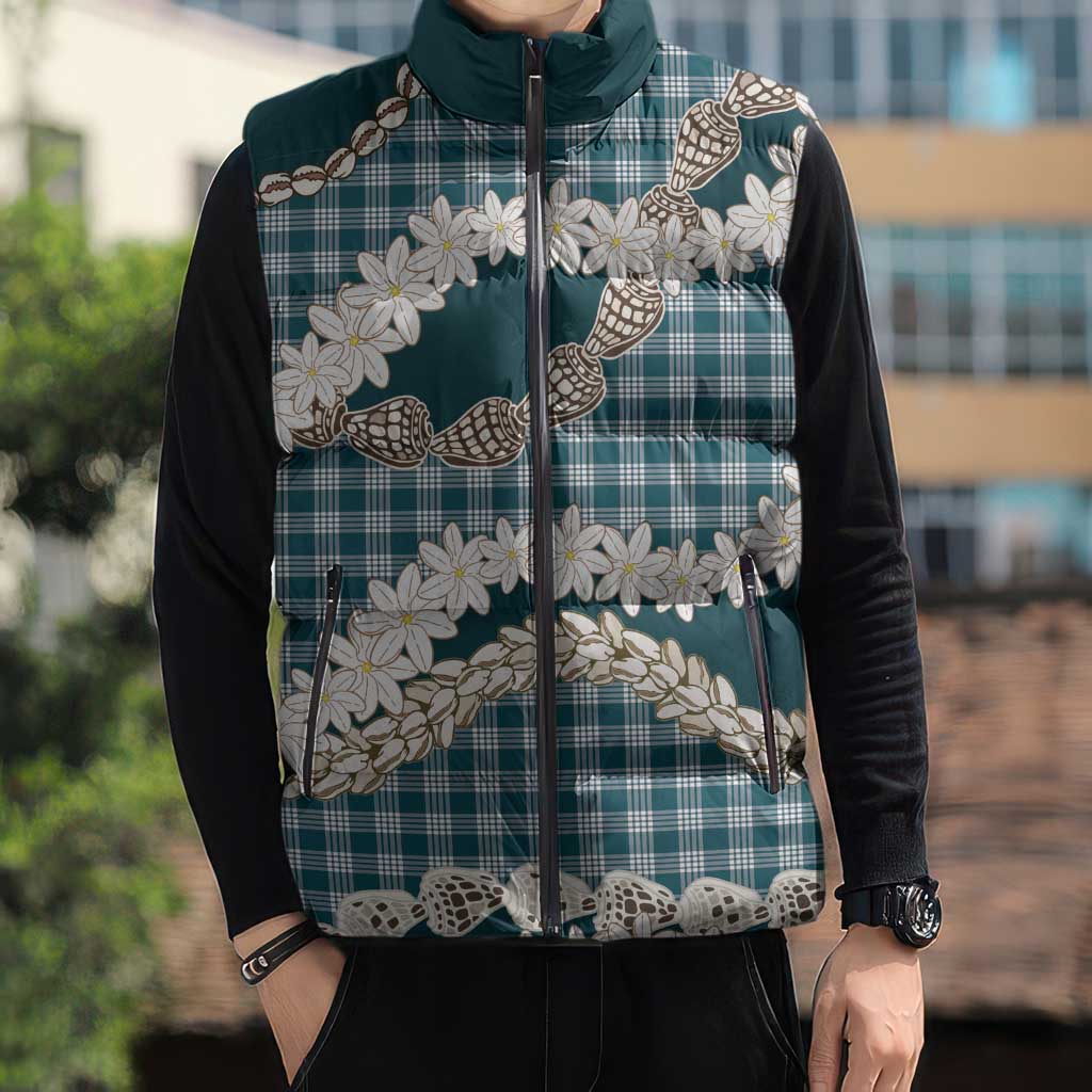 Dark Cyan Hawaii Tiare and Shell Lei Sleeveless Puffer Jacket Hawaiian Palaka Luxury Vibes - Polynesian Pride