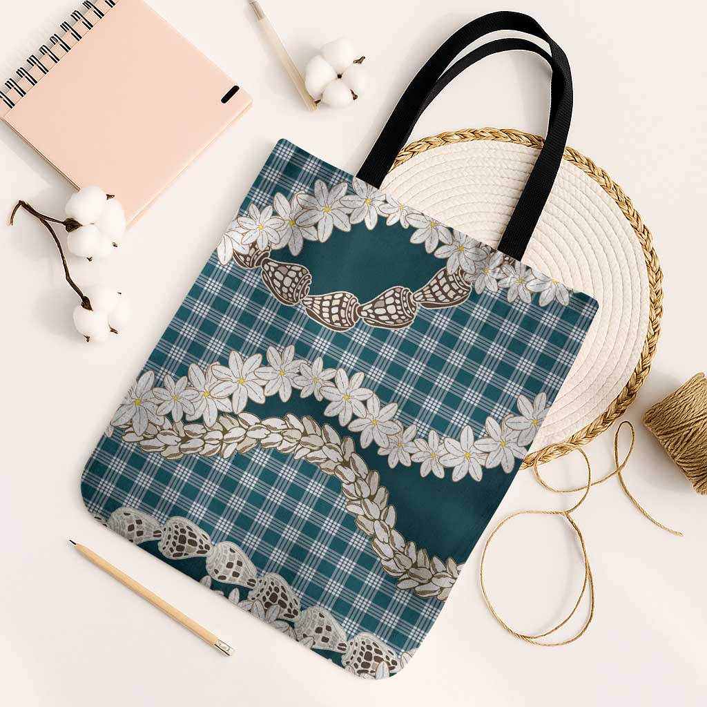 Dark Cyan Hawaii Tiare and Shell Lei Tote Bag Hawaiian Palaka Luxury Vibes LT14 Black Strap One Size Dark Cyan - Polynesian Pride