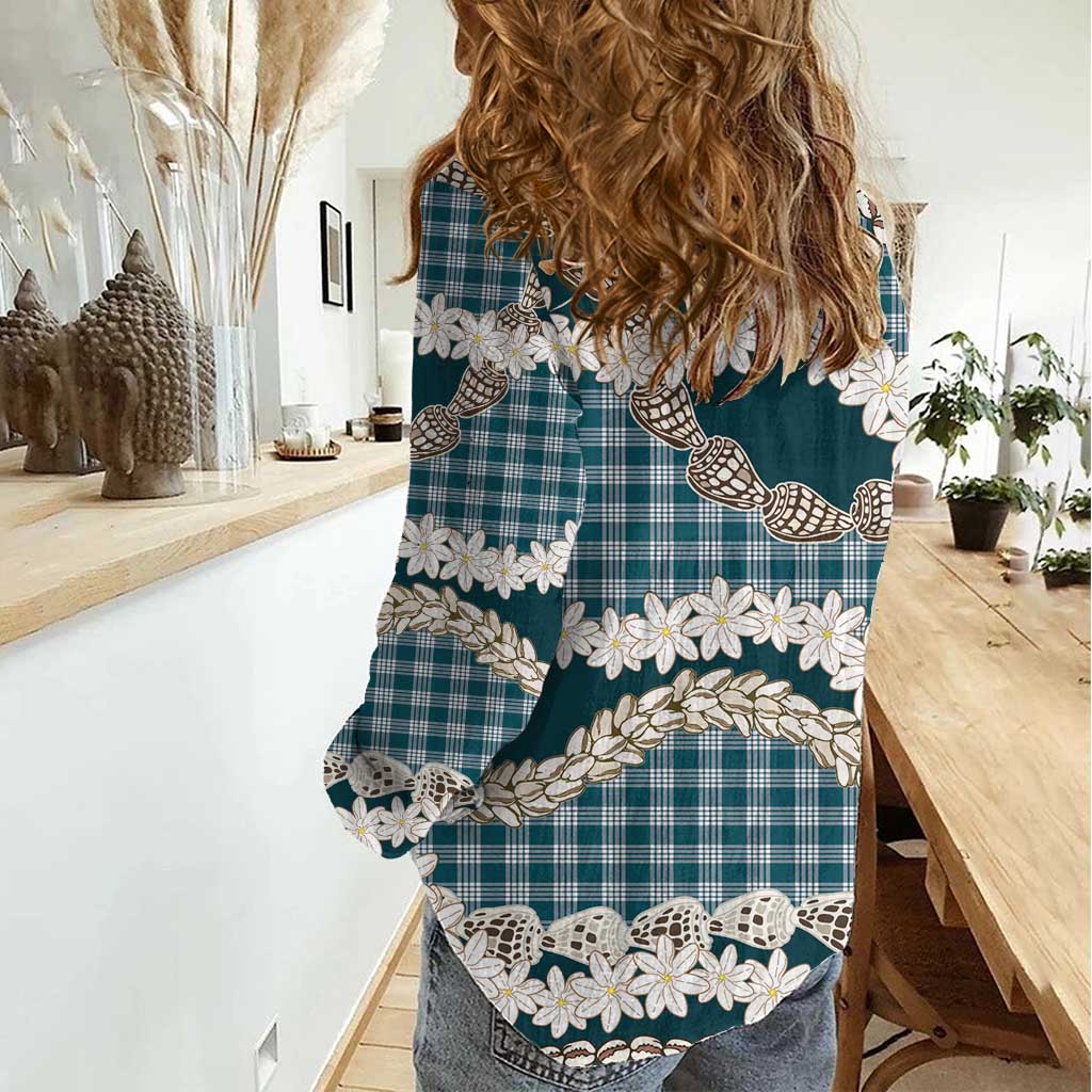 Dark Cyan Hawaii Tiare and Shell Lei Women Casual Shirt Hawaiian Palaka Luxury Vibes - Polynesian Pride