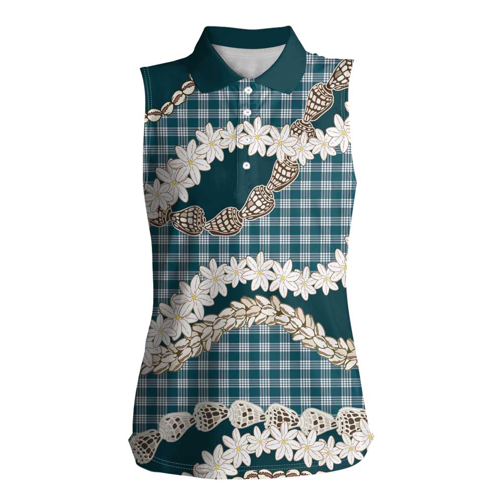 Dark Cyan Hawaii Tiare and Shell Lei Women Sleeveless Polo Shirt Hawaiian Palaka Luxury Vibes LT14 Female Dark Cyan - Polynesian Pride