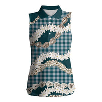 Dark Cyan Hawaii Tiare and Shell Lei Women Sleeveless Polo Shirt Hawaiian Palaka Luxury Vibes LT14 Female Dark Cyan - Polynesian Pride