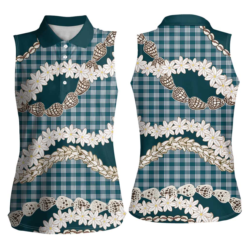 Dark Cyan Hawaii Tiare and Shell Lei Women Sleeveless Polo Shirt Hawaiian Palaka Luxury Vibes LT14 - Polynesian Pride