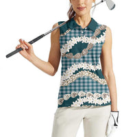 Dark Cyan Hawaii Tiare and Shell Lei Women Sleeveless Polo Shirt Hawaiian Palaka Luxury Vibes LT14 - Polynesian Pride