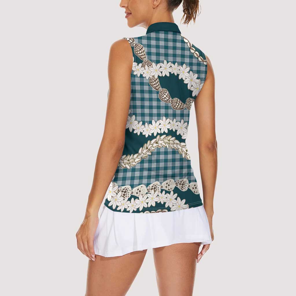 Dark Cyan Hawaii Tiare and Shell Lei Women Sleeveless Polo Shirt Hawaiian Palaka Luxury Vibes LT14 - Polynesian Pride