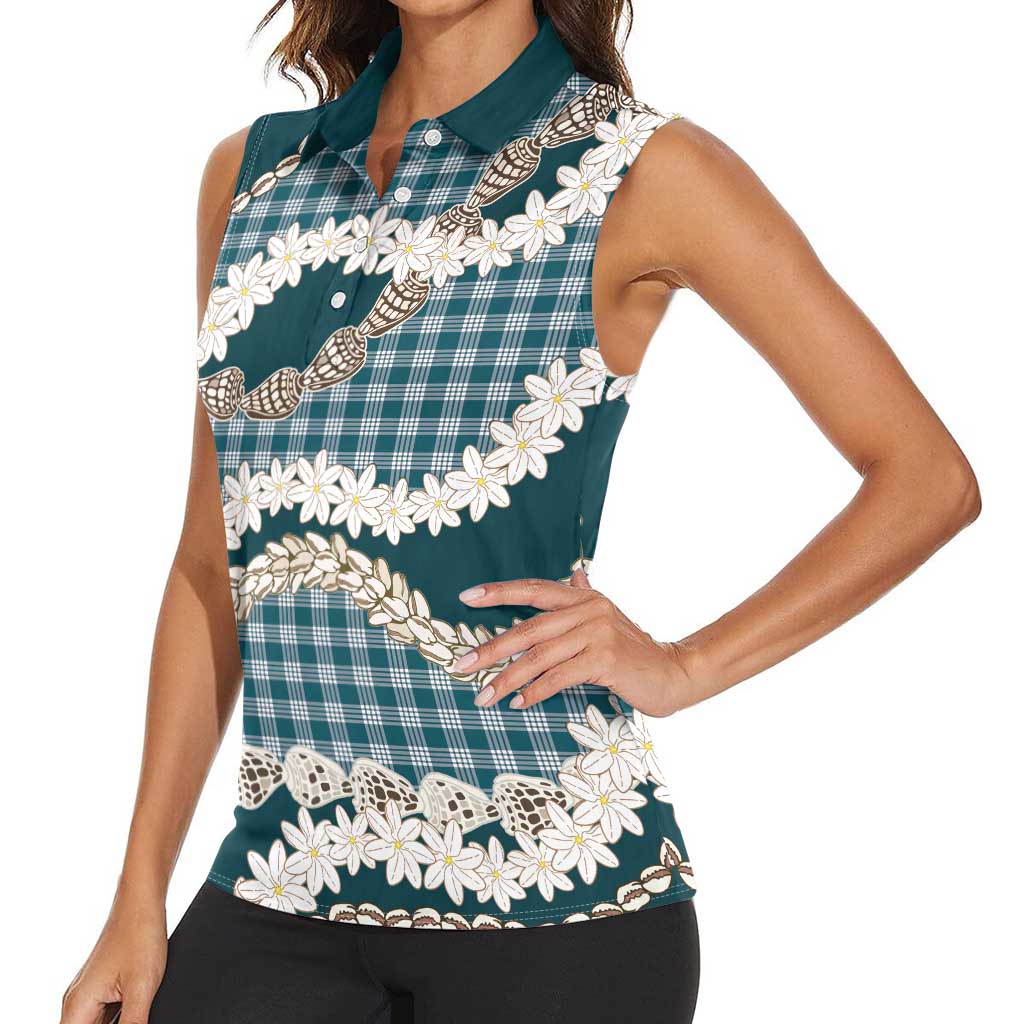 Dark Cyan Hawaii Tiare and Shell Lei Women Sleeveless Polo Shirt Hawaiian Palaka Luxury Vibes LT14 - Polynesian Pride