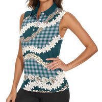 Dark Cyan Hawaii Tiare and Shell Lei Women Sleeveless Polo Shirt Hawaiian Palaka Luxury Vibes LT14 - Polynesian Pride