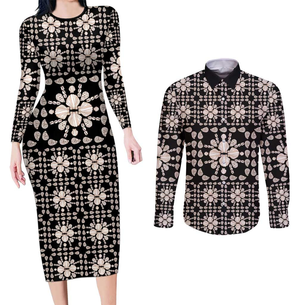 Aloha Hawaii Shell Quilt Couples Matching Long Sleeve Bodycon Dress and Long Sleeve Button Shirt Seamless Style LT14 Black - Polynesian Pride