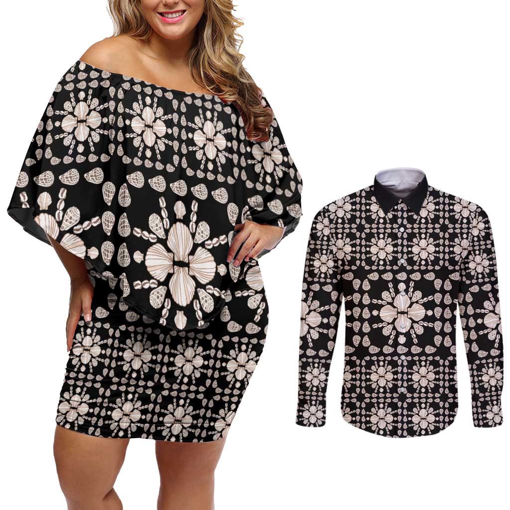 Aloha Hawaii Shell Quilt Couples Matching Off Shoulder Short Dress and Long Sleeve Button Shirt Seamless Style LT14 Black - Polynesian Pride