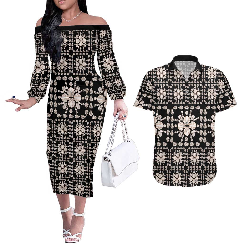Aloha Hawaii Shell Quilt Couples Matching Off The Shoulder Long Sleeve Dress and Hawaiian Shirt Seamless Style LT14 Black - Polynesian Pride