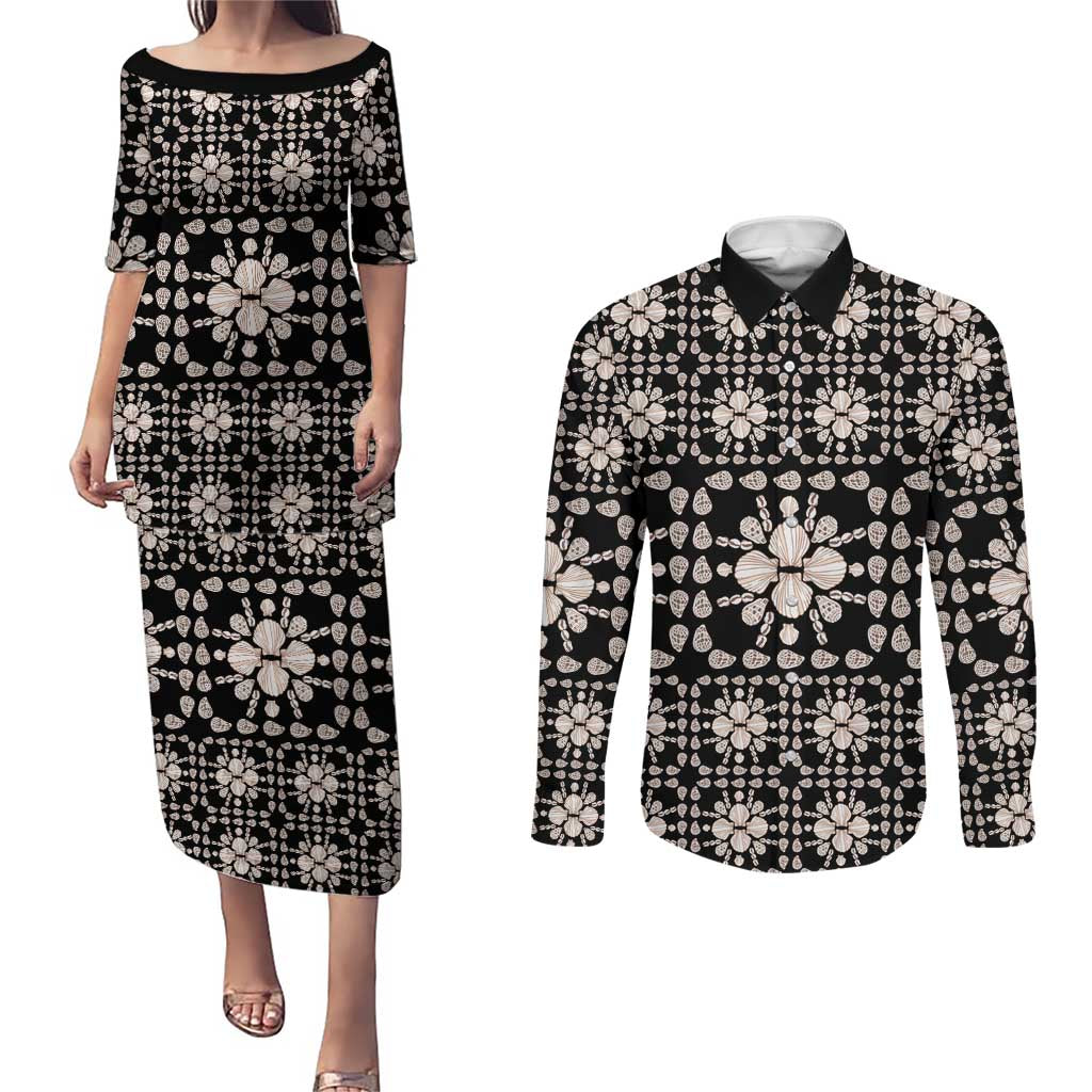 Aloha Hawaii Shell Quilt Couples Matching Puletasi and Long Sleeve Button Shirt Seamless Style LT14 Black - Polynesian Pride
