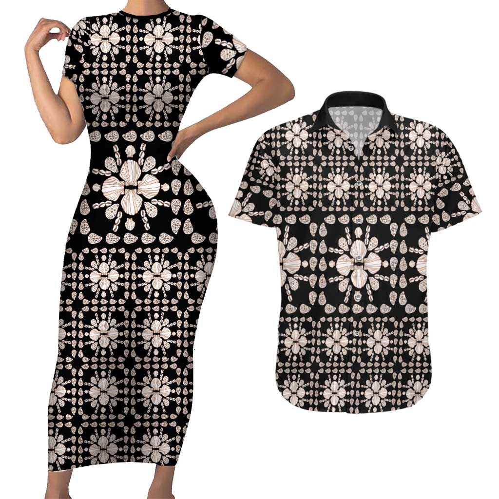 Aloha Hawaii Shell Quilt Couples Matching Short Sleeve Bodycon Dress and Hawaiian Shirt Seamless Style LT14 Black - Polynesian Pride