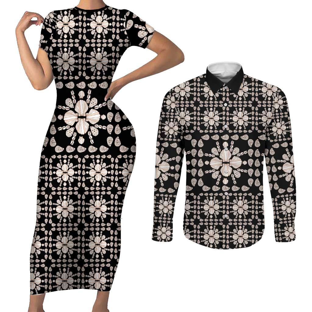 Aloha Hawaii Shell Quilt Couples Matching Short Sleeve Bodycon Dress and Long Sleeve Button Shirt Seamless Style LT14 Black - Polynesian Pride