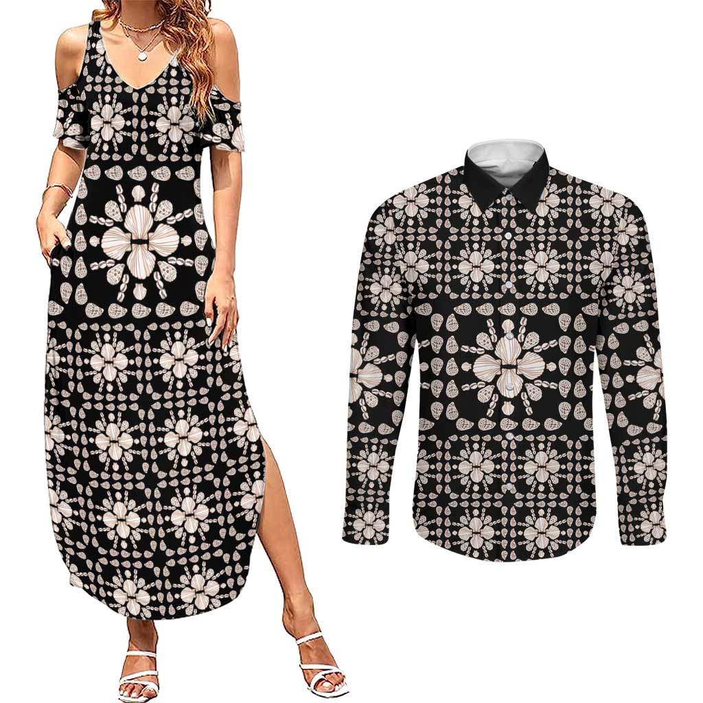 Aloha Hawaii Shell Quilt Couples Matching Summer Maxi Dress and Long Sleeve Button Shirt Seamless Style LT14 Black - Polynesian Pride