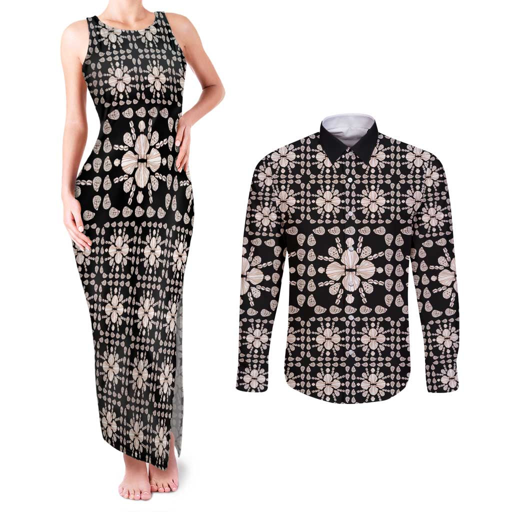 Aloha Hawaii Shell Quilt Couples Matching Tank Maxi Dress and Long Sleeve Button Shirt Seamless Style LT14 Black - Polynesian Pride