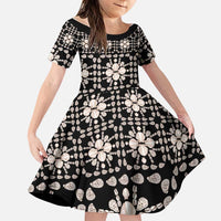 Aloha Hawaii Shell Quilt Family Matching Off The Shoulder Long Sleeve Dress and Hawaiian Shirt Seamless Style LT14 Daughter's Dress Black - Polynesian Pride