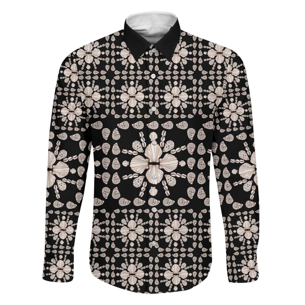 Aloha Hawaii Shell Quilt Family Matching Off Shoulder Maxi Dress and Hawaiian Shirt Seamless Style LT14 Dad's Shirt - Long Sleeve Black - Polynesian Pride