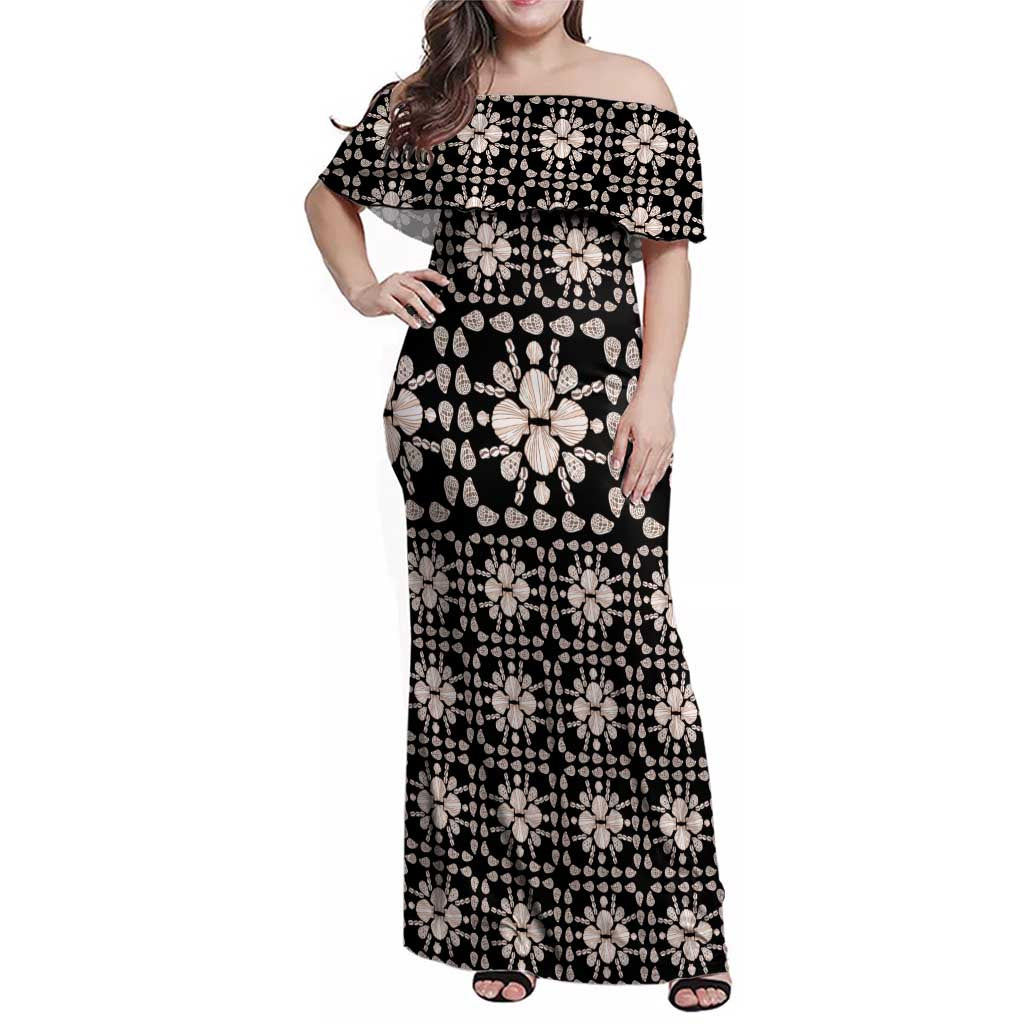 Aloha Hawaii Shell Quilt Family Matching Off Shoulder Maxi Dress and Hawaiian Shirt Seamless Style LT14 Mom's Dress Black - Polynesian Pride