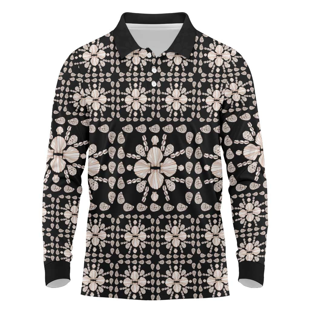 Aloha Hawaii Shell Quilt Long Sleeve Polo Shirt Seamless Style LT14 Black - Polynesian Pride