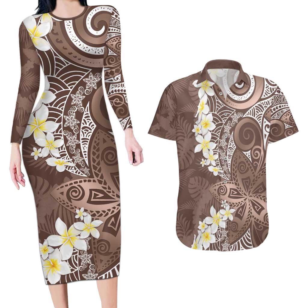 Mocha Mousse Polynesian Tribal Frangipani Tropical Vibe Couples Matching Long Sleeve Bodycon Dress and Hawaiian Shirt LT14 Mocha Mousse - Polynesian Pride
