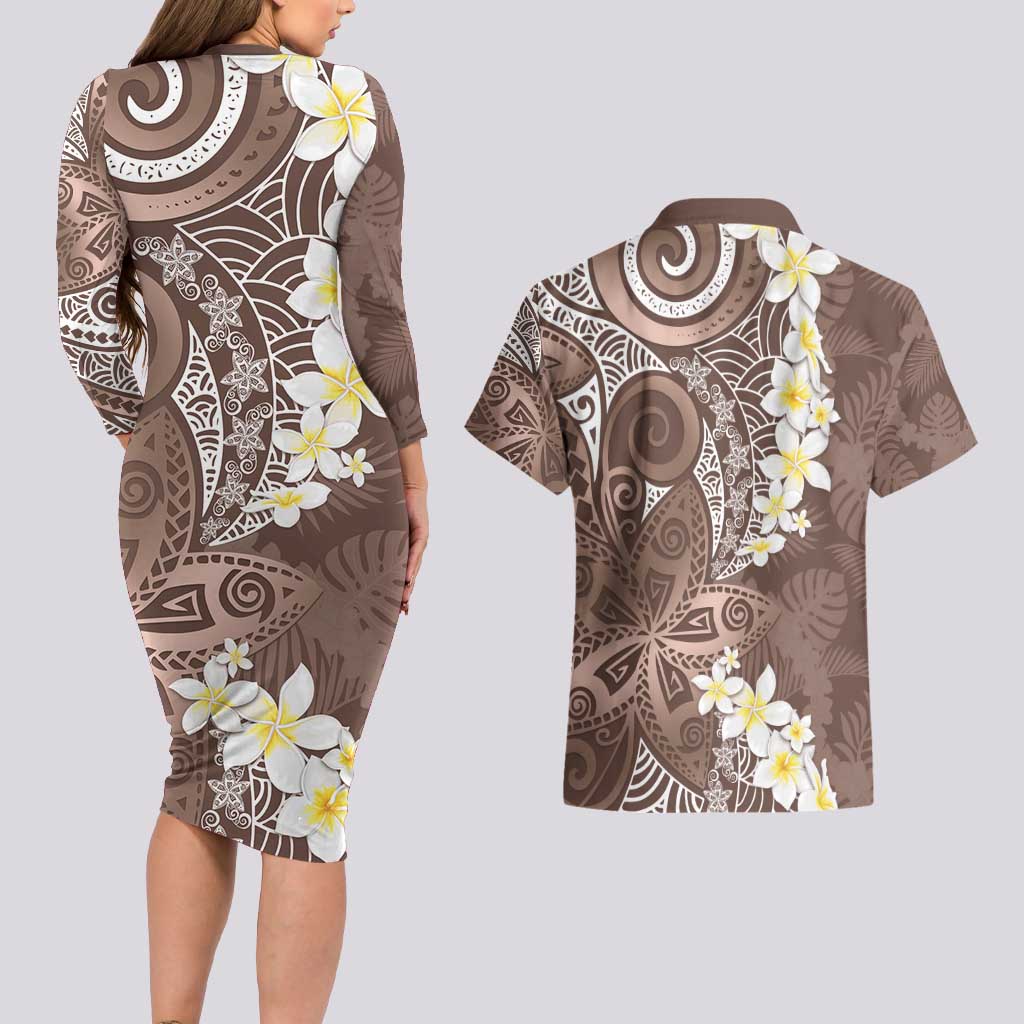 Mocha Mousse Polynesian Tribal Frangipani Tropical Vibe Couples Matching Long Sleeve Bodycon Dress and Hawaiian Shirt LT14 - Polynesian Pride