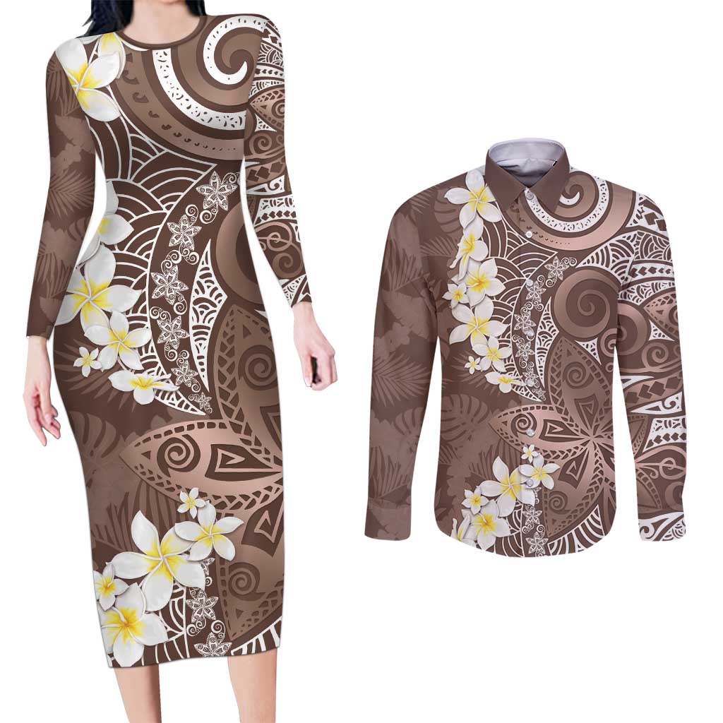 Mocha Mousse Polynesian Tribal Frangipani Tropical Vibe Couples Matching Long Sleeve Bodycon Dress and Long Sleeve Button Shirt