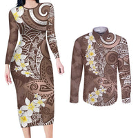 Mocha Mousse Polynesian Tribal Frangipani Tropical Vibe Couples Matching Long Sleeve Bodycon Dress and Long Sleeve Button Shirt LT14 Mocha Mousse - Polynesian Pride