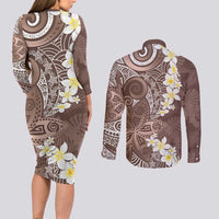 Mocha Mousse Polynesian Tribal Frangipani Tropical Vibe Couples Matching Long Sleeve Bodycon Dress and Long Sleeve Button Shirt LT14 - Polynesian Pride