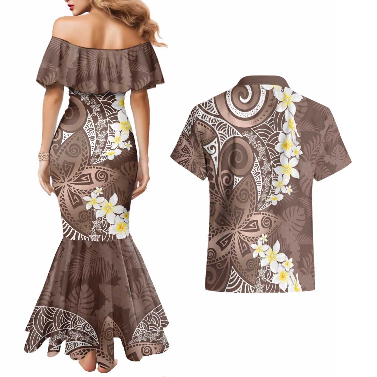 Mocha Mousse Polynesian Tribal Frangipani Tropical Vibe Couples Matching Mermaid Dress and Hawaiian Shirt LT14 - Polynesian Pride