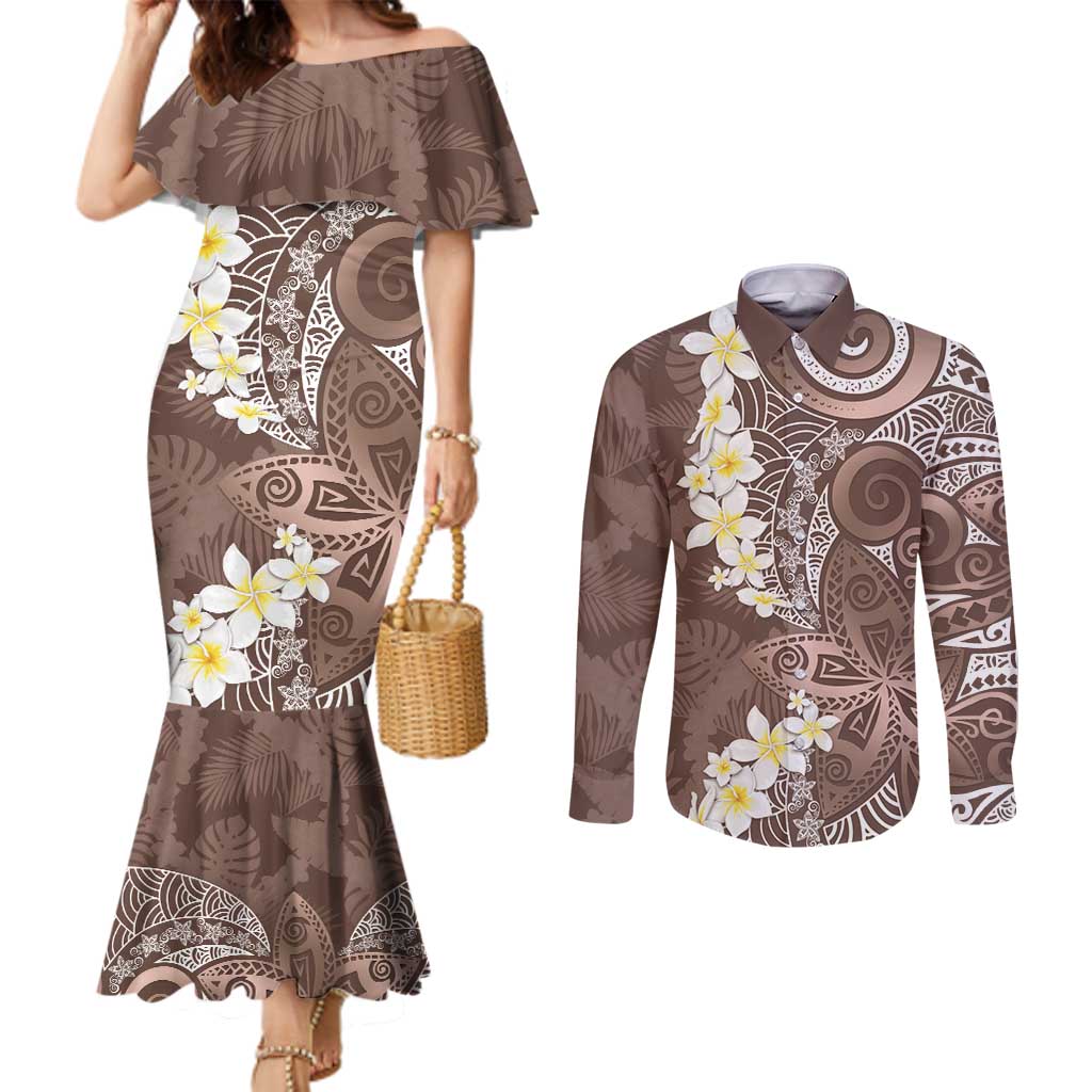 Mocha Mousse Polynesian Tribal Frangipani Tropical Vibe Couples Matching Mermaid Dress and Long Sleeve Button Shirt LT14 Mocha Mousse - Polynesian Pride