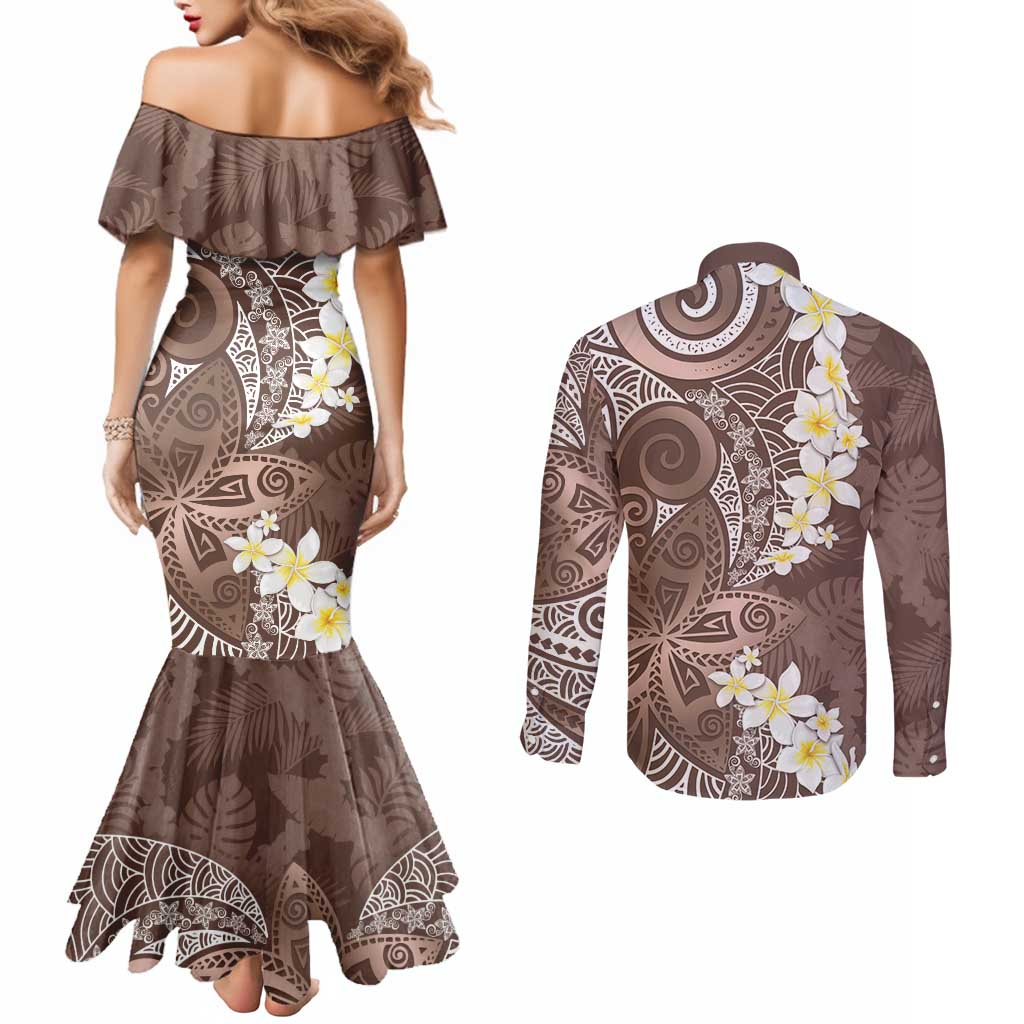 Mocha Mousse Polynesian Tribal Frangipani Tropical Vibe Couples Matching Mermaid Dress and Long Sleeve Button Shirt LT14 - Polynesian Pride