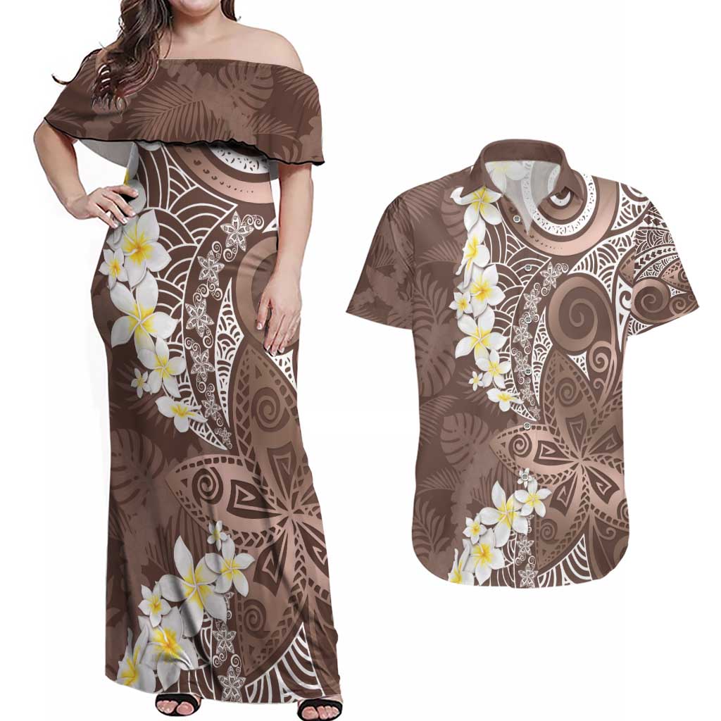 Mocha Mousse Polynesian Tribal Frangipani Tropical Vibe Couples Matching Off Shoulder Maxi Dress and Hawaiian Shirt LT14 Mocha Mousse - Polynesian Pride