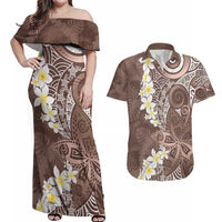 Mocha Mousse Polynesian Tribal Frangipani Tropical Vibe Couples Matching Off Shoulder Maxi Dress and Hawaiian Shirt LT14 Mocha Mousse - Polynesian Pride