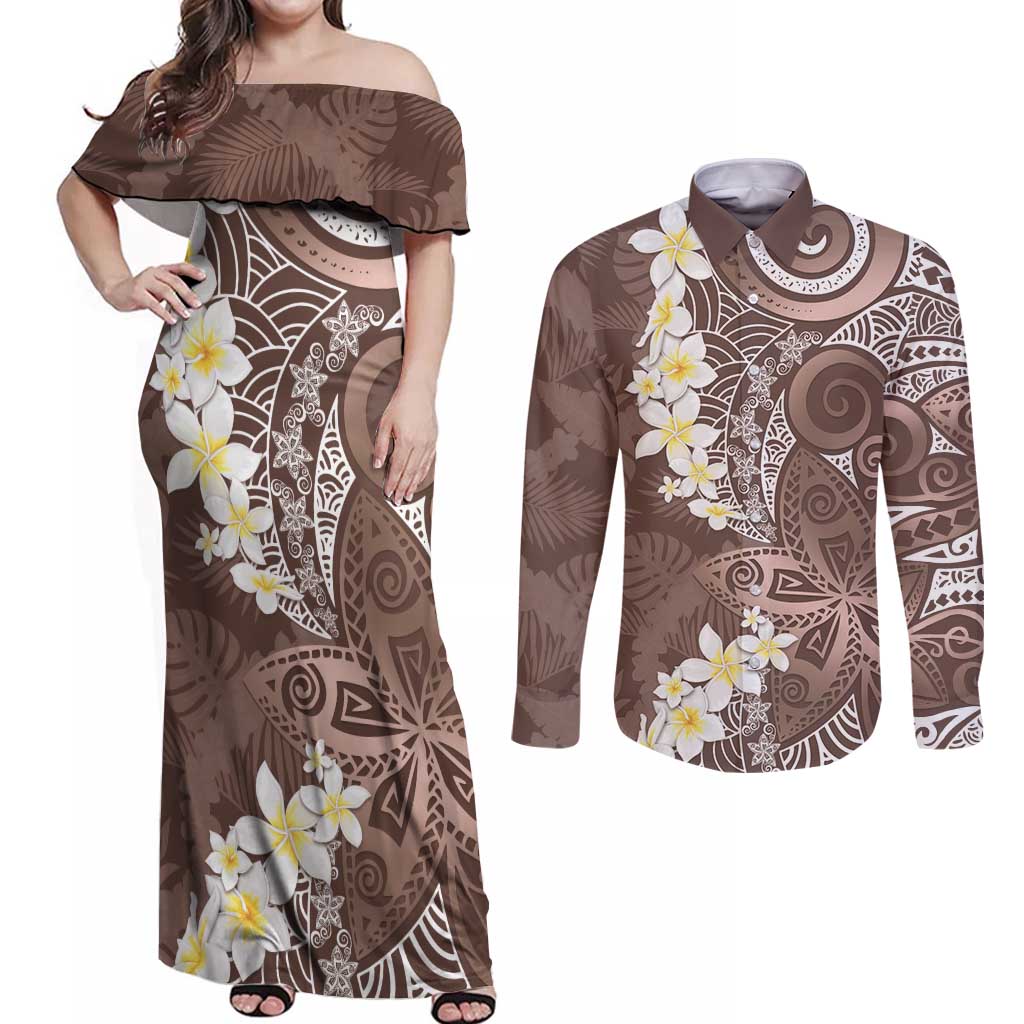 Mocha Mousse Polynesian Tribal Frangipani Tropical Vibe Couples Matching Off Shoulder Maxi Dress and Long Sleeve Button Shirt LT14 Mocha Mousse - Polynesian Pride