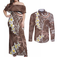 Mocha Mousse Polynesian Tribal Frangipani Tropical Vibe Couples Matching Off Shoulder Maxi Dress and Long Sleeve Button Shirt LT14 Mocha Mousse - Polynesian Pride