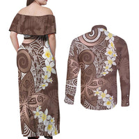 Mocha Mousse Polynesian Tribal Frangipani Tropical Vibe Couples Matching Off Shoulder Maxi Dress and Long Sleeve Button Shirt LT14 - Polynesian Pride