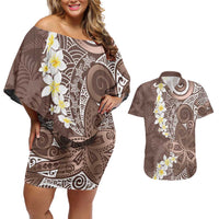 Mocha Mousse Polynesian Tribal Frangipani Tropical Vibe Couples Matching Off Shoulder Short Dress and Hawaiian Shirt LT14 Mocha Mousse - Polynesian Pride