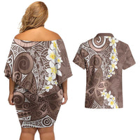Mocha Mousse Polynesian Tribal Frangipani Tropical Vibe Couples Matching Off Shoulder Short Dress and Hawaiian Shirt LT14 - Polynesian Pride