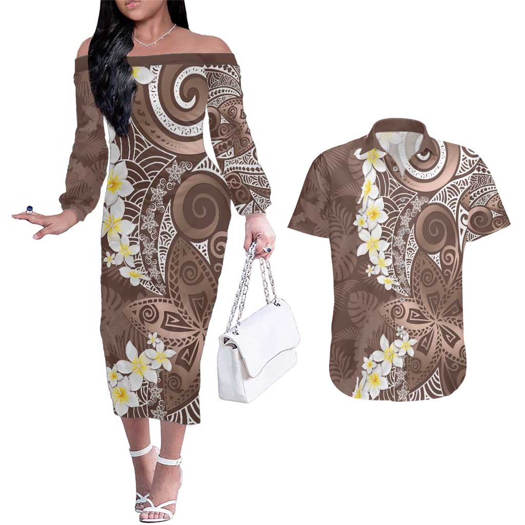 Mocha Mousse Polynesian Tribal Frangipani Tropical Vibe Couples Matching Off The Shoulder Long Sleeve Dress and Hawaiian Shirt LT14 Mocha Mousse - Polynesian Pride