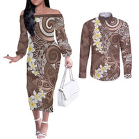 Mocha Mousse Polynesian Tribal Frangipani Tropical Vibe Couples Matching Off The Shoulder Long Sleeve Dress and Long Sleeve Button Shirt LT14 Mocha Mousse - Polynesian Pride