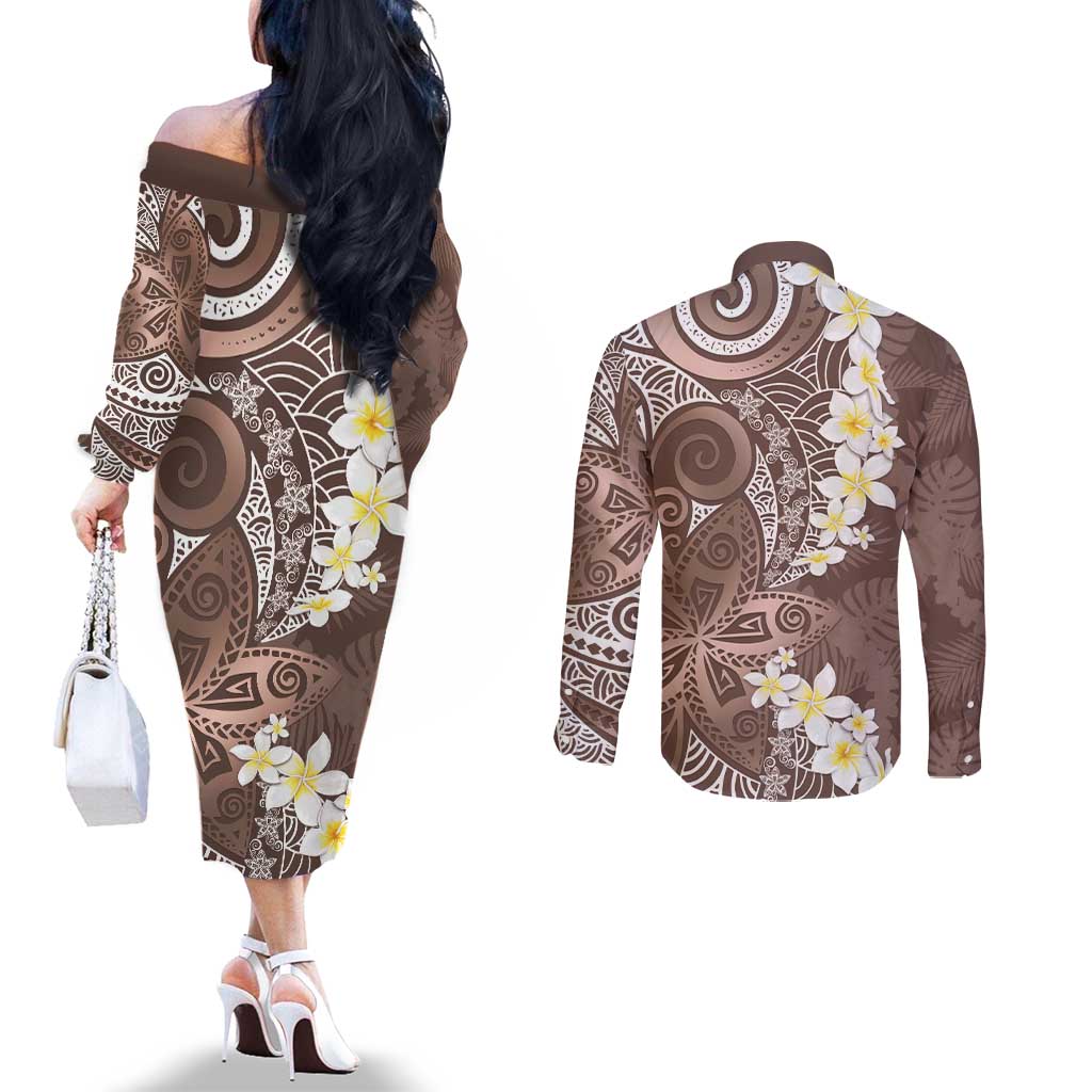 Mocha Mousse Polynesian Tribal Frangipani Tropical Vibe Couples Matching Off The Shoulder Long Sleeve Dress and Long Sleeve Button Shirt LT14 - Polynesian Pride