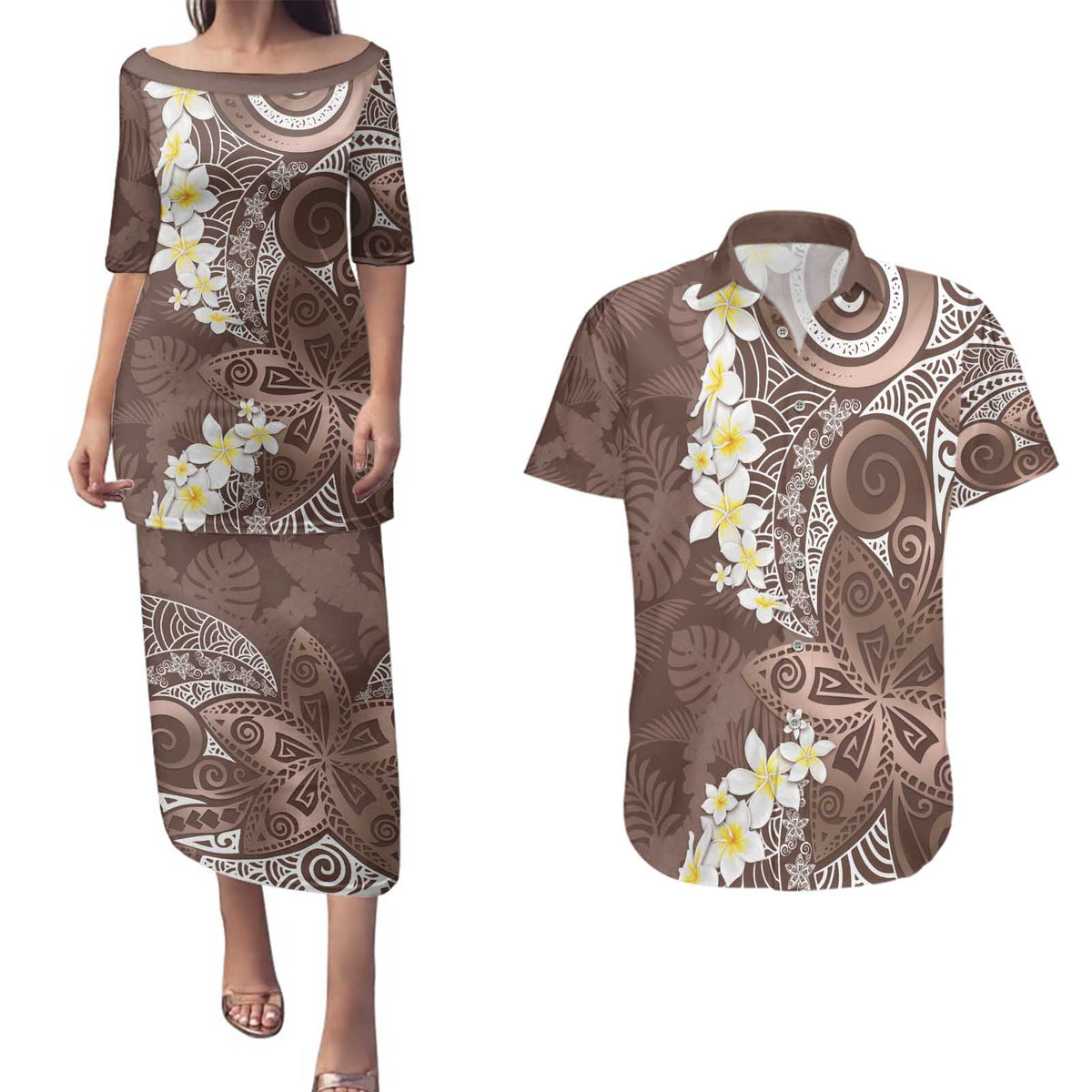 Mocha Mousse Polynesian Tribal Frangipani Tropical Vibe Couples Matching Puletasi and Hawaiian Shirt LT14 Mocha Mousse - Polynesian Pride