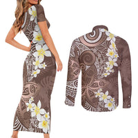 Mocha Mousse Polynesian Tribal Frangipani Tropical Vibe Couples Matching Short Sleeve Bodycon Dress and Long Sleeve Button Shirt LT14 - Polynesian Pride